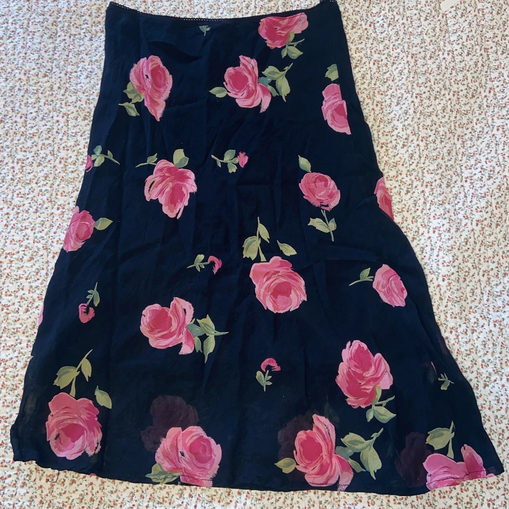Vintage rose pattern asymmetrical summer midi skirt